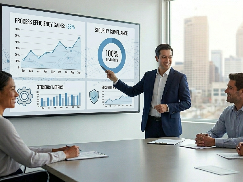 A person presenting performance charts to people in a boardroom