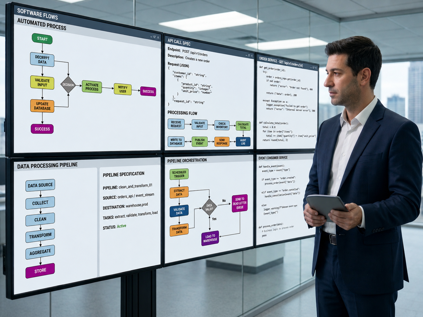 A person reviewing flowcharts and pseudocode across screens